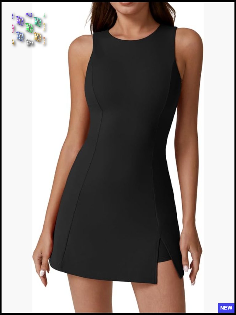 Crew Neck Tennis Dress Sleeveless Side Slit Athletic Golf Dress Built-In Shorts